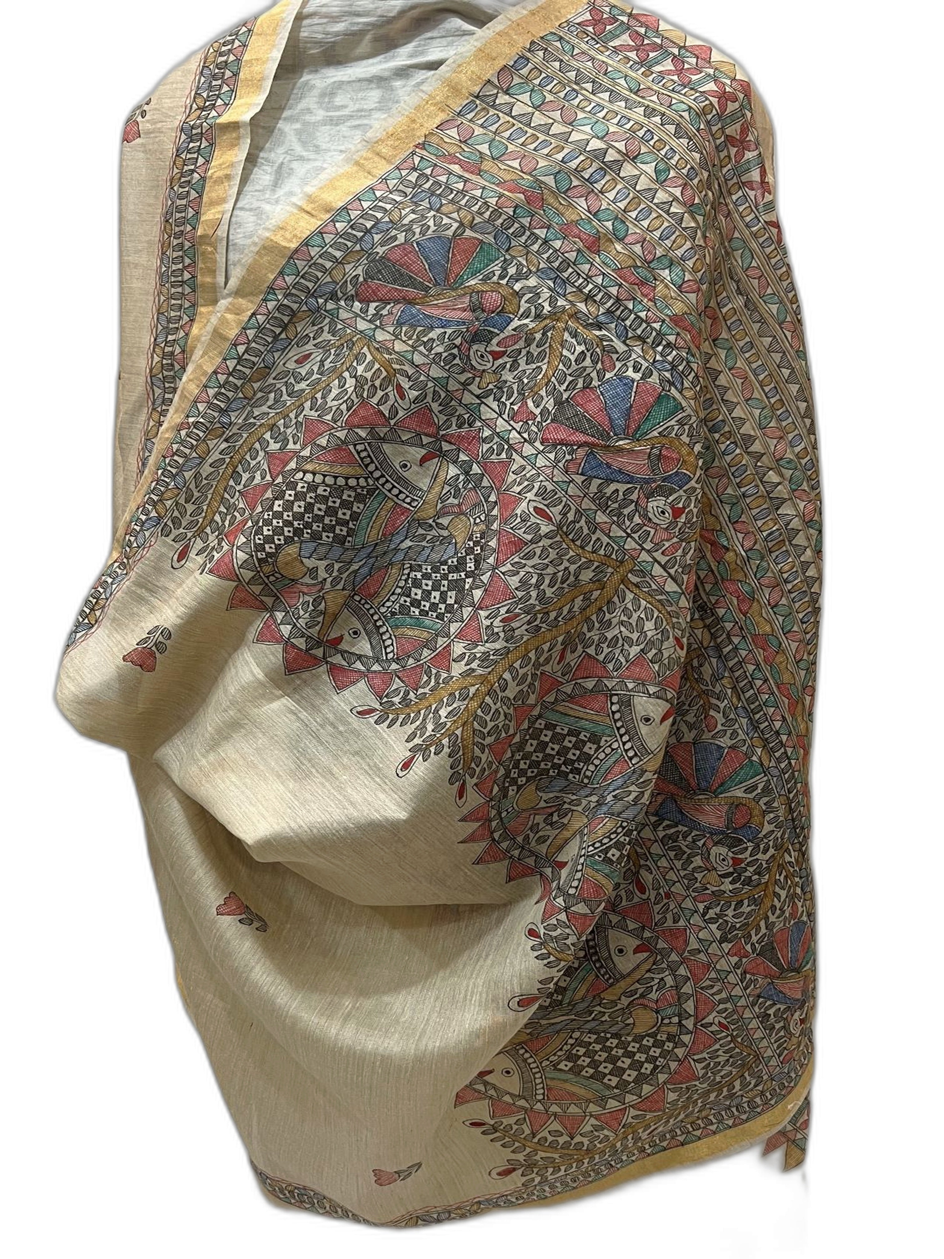 Tussar Munga Silk Dupatta - Hand-Painted Madhubani Fish Motif